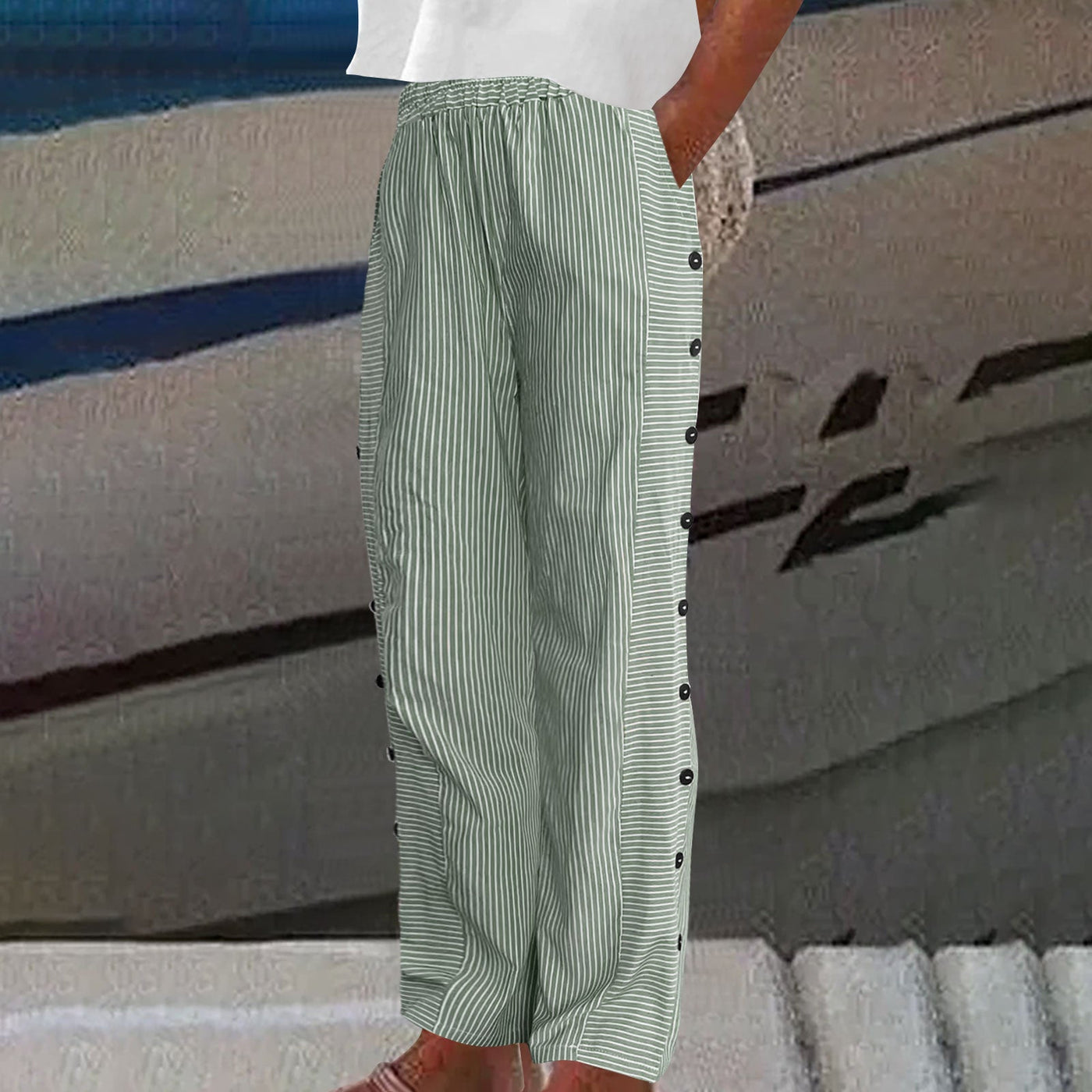 Sera - Striped Button-Accent Pants