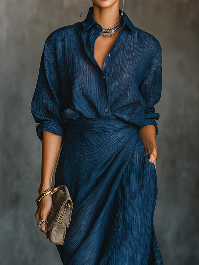 Valerie - Elegant shirt and long skirt set in a dark blue cotton and linen blend
